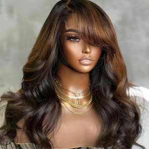 Brown Mix Black  Natural Black C Part Glueless Loose Wave 5x5 Closure Wig With Bangs 100% Human Hair