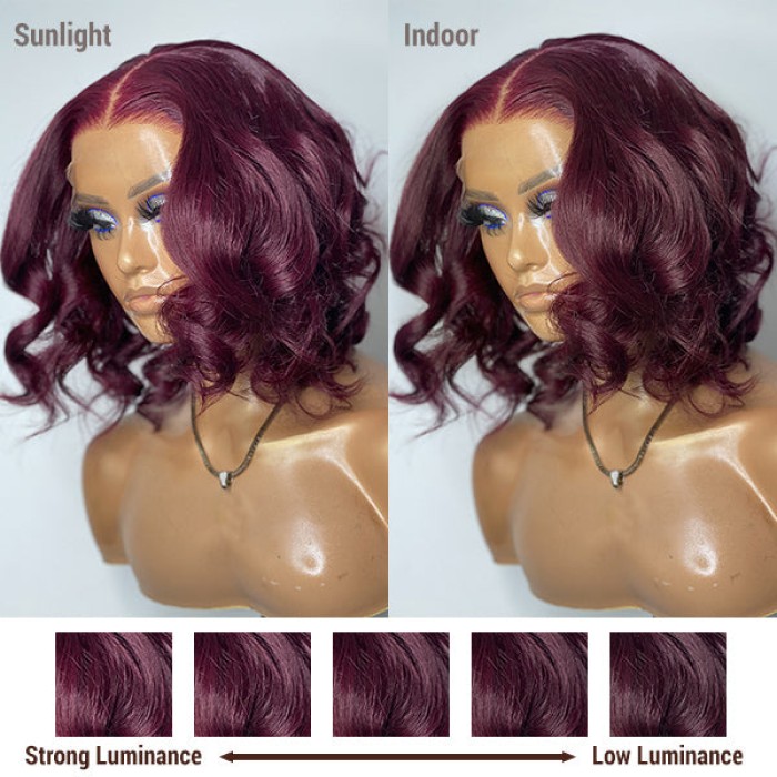 Dark Plum Loose Wave Minimalist HD Lace Glueless Mid Part Short Wig 100% Human Hair Dark Plum Loose Wave Minimalist HD Lace Glueless Mid Part Short Wig 100% Human Hair