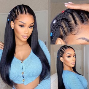 Limited Design  Natural Black Left Side Braids Straight 13x4 Frontal HD Lace Long Wig 100% Human Hair