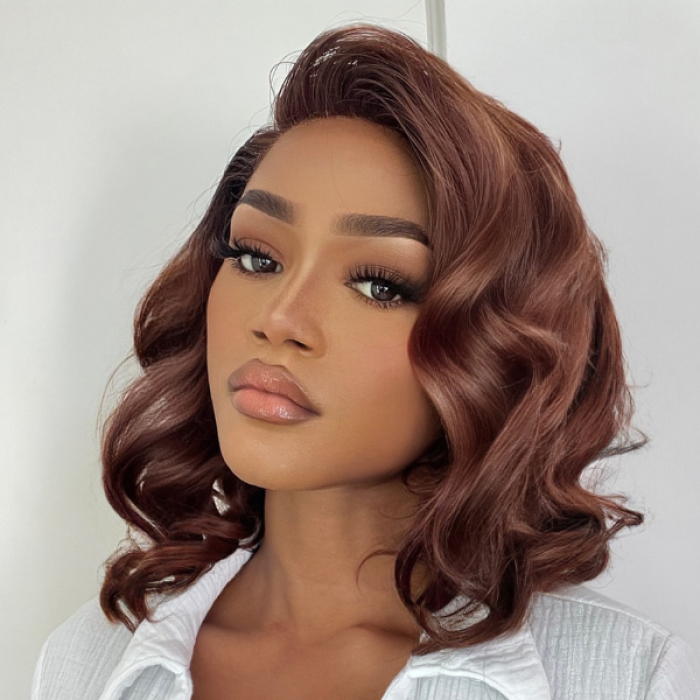 Chocolate Light Brown Wavy Minimalist HD Lace Glueless C Part Short Wig 100% Human Hair Chocolate Light Brown Wavy Minimalist HD Lace Glueless C Part Short Wig 100% Human Hair