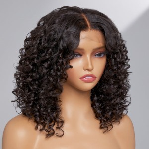 Casual Bouncy Curly 4x4 Closure Lace Glueless Mid Part Short Wig 100% Human Hair