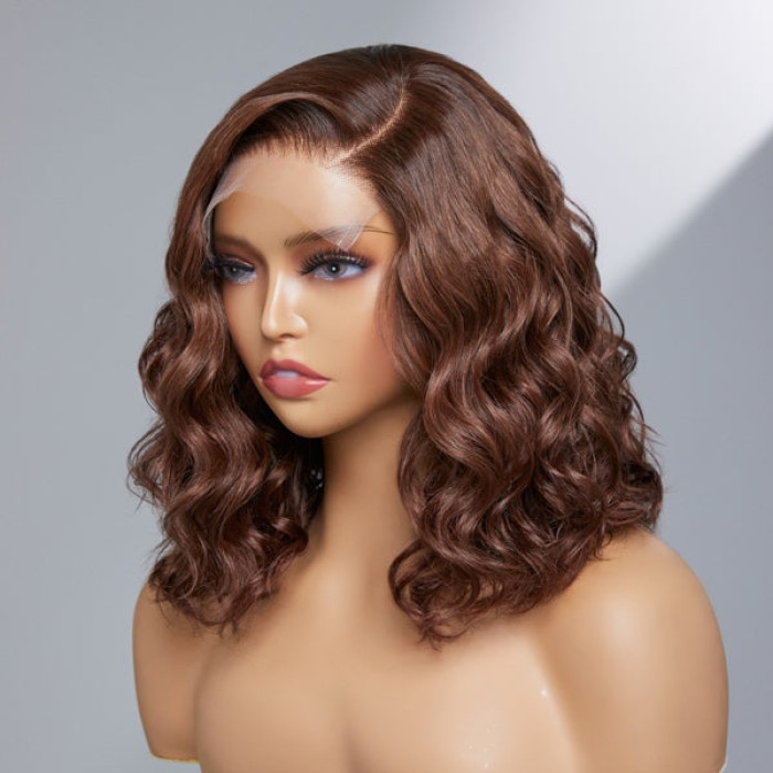 Chocolate Light Brown Wavy Minimalist HD Lace Glueless C Part Short Wig 100% Human Hair Chocolate Light Brown Wavy Minimalist HD Lace Glueless C Part Short Wig 100% Human Hair