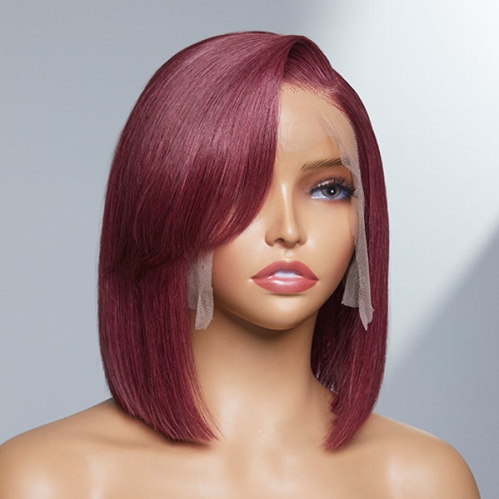 Burgundy New Trend Side-swept Bangs Bob Wig With 100% Human Hair Burgundy New Trend Side-swept Bangs Bob Wig With 100% Human Hair