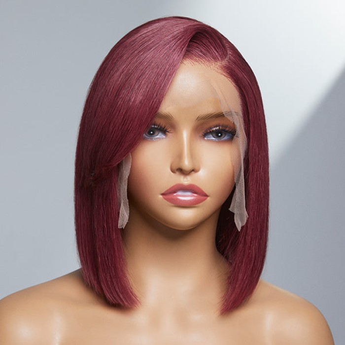 Burgundy New Trend Side-swept Bangs Bob Wig With 100% Human Hair Burgundy New Trend Side-swept Bangs Bob Wig With 100% Human Hair