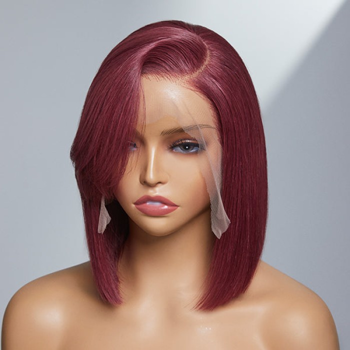 Burgundy New Trend Side-swept Bangs Bob Wig With 100% Human Hair Burgundy New Trend Side-swept Bangs Bob Wig With 100% Human Hair