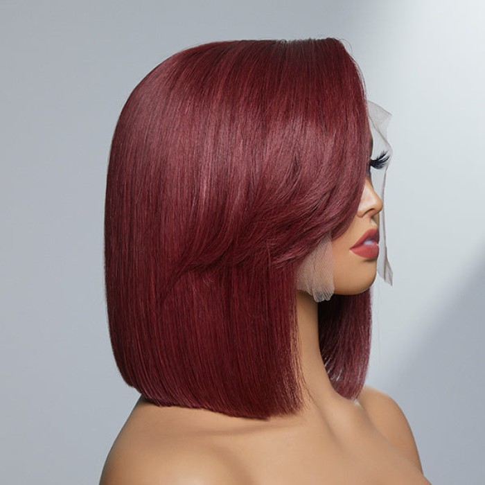 Burgundy New Trend Side-swept Bangs Bob Wig With 100% Human Hair Burgundy New Trend Side-swept Bangs Bob Wig With 100% Human Hair