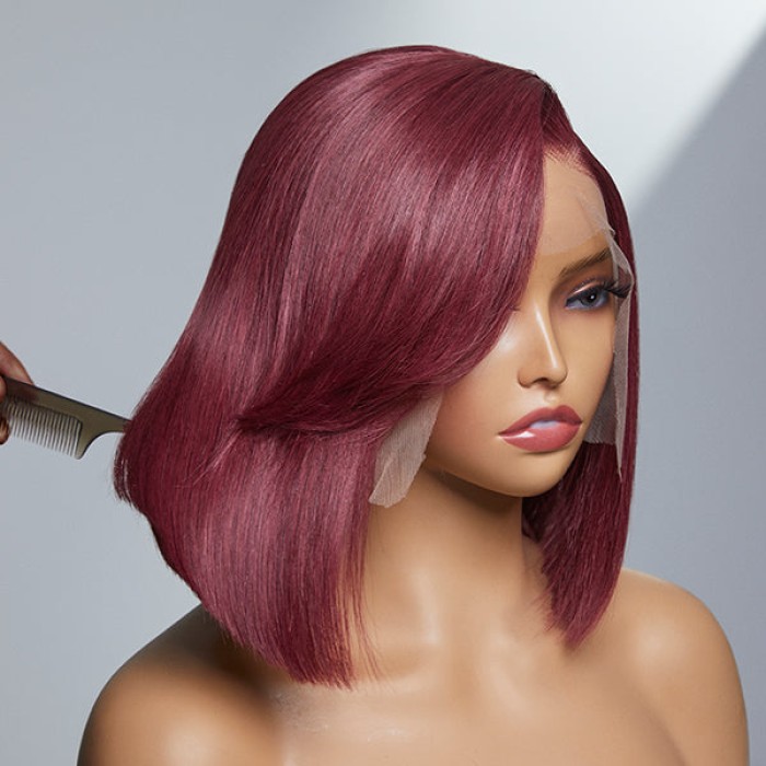 Burgundy New Trend Side-swept Bangs Bob Wig With 100% Human Hair Burgundy New Trend Side-swept Bangs Bob Wig With 100% Human Hair