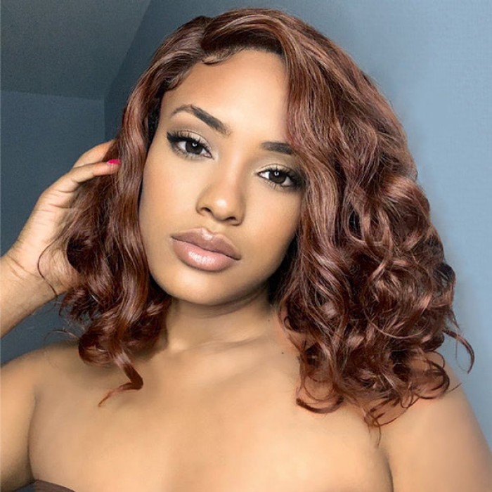 Chocolate Light Brown Wavy Minimalist HD Lace Glueless C Part Short Wig 100% Human Hair Chocolate Light Brown Wavy Minimalist HD Lace Glueless C Part Short Wig 100% Human Hair