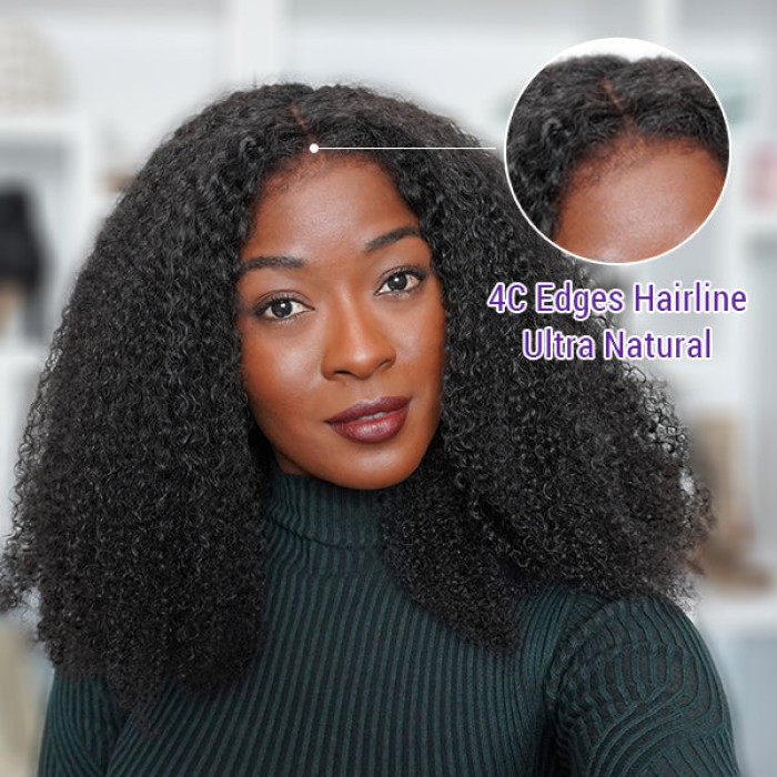 4C Edges Realistic Kinky Edges Afro Curly 13x4 Frontal HD Lace Free Part Long Wig 100% Human Hair 4C Edges Realistic Kinky Edges Afro Curly 13x4 Frontal HD Lace Free Part Long Wig 100% Human Hair