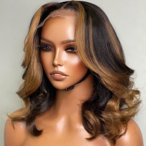 Blonde Mix Black Loose Wave 5x5 Closure HD Lace Glueless Mid Part Short Wig 100% Human Hair