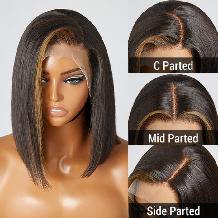 Blonde Highlight Bob With Bangs 13x4 Frontal Lace C Part Short Wig 100% Human Hair Blonde Highlight Bob With Bangs 13x4 Frontal Lace C Part Short Wig 100% Human Hair