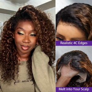 4C Edges  Kinky Edges Ombre Brown Deep Wave 13x4 Frontal HD Lace Side Part Long Wig 100% Human Hair