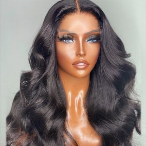 Natural Black Loose Body Wave 5x5 Closure HD Lace Glueless Mid Part Long Wig 100% Human Hair