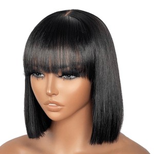 Put On And Go Realistic Glueless Black  Dark Brown Yaki Straight Bob With Bangs Minimalist Undetectable HD Lace Wig 100% Human Hair Put On And Go Realistic Glueless Black  Dark Brown Yaki Straight Bob With Bangs Minimalist Undetectable HD Lace Wig 100% Human Hair