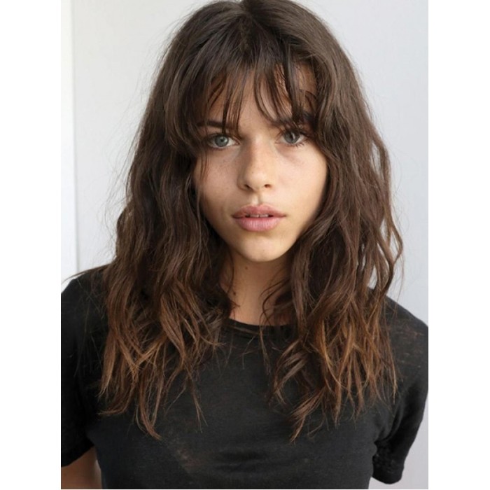 18" Layered Loose Wavy Human Hair Wigs With Full Bangs 18" Layered Loose Wavy Human Hair Wigs With Full Bangs