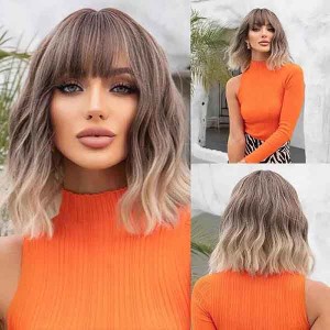 100% Real Hair Wavy Curly Bob Wigs with Bangs for Women 100% Real Hair Wavy Curly Bob Wigs with Bangs for Women