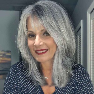Grey Human Hair Wigs for Women Layered Wig with Bangs