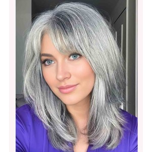Grey Human Hair Wigs for White Women Medium Length Layered