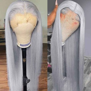 Grey Lace Front Wigs Human Hair Silver H Straight Pre Plucked 13×4 HD Transparent Lace Wigs