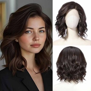 Side Part Wavy Wig Dark Brown Layered Lace Front Bob Wig 14 Inch Shoulder Length Side Part Wavy Wig Dark Brown Layered Lace Front Bob Wig 14 Inch Shoulder Length