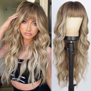 Dirty Blonde Wigs with Bangs Long Curly Wavy Wig for Women