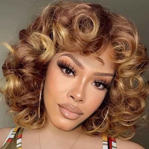 Soft Brown Blonde Big Curly Wig with Bangs Afro Kinky Curls
