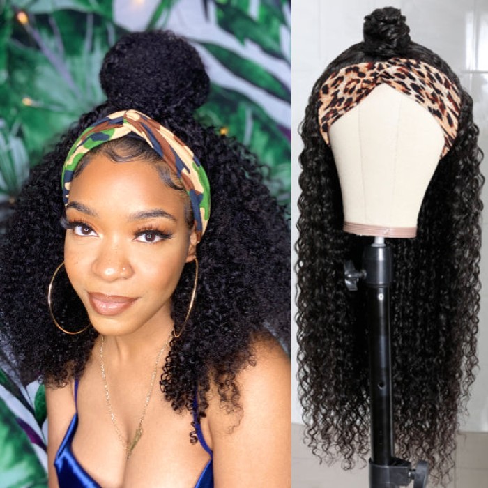 Natural Black Jerry Curly No Lace Glueless Free Part Long Headband Wig 100% Human Hair (Get Free Trendy Headbands) Natural Black Jerry Curly No Lace Glueless Free Part Long Headband Wig 100% Human Hair (Get Free Trendy Headbands)