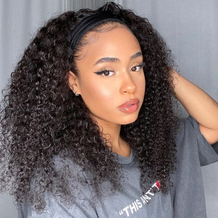 Natural Black Jerry Curly No Lace Glueless Free Part Long Headband Wig 100% Human Hair (Get Free Trendy Headbands) Natural Black Jerry Curly No Lace Glueless Free Part Long Headband Wig 100% Human Hair (Get Free Trendy Headbands)