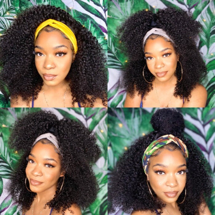 Natural Black Jerry Curly No Lace Glueless Free Part Long Headband Wig 100% Human Hair (Get Free Trendy Headbands) Natural Black Jerry Curly No Lace Glueless Free Part Long Headband Wig 100% Human Hair (Get Free Trendy Headbands)