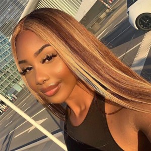 Lytinroop Dark Brown Wig With Honey Blonde Highlights Streaks in Front #P4/27 Ombre Human Hair Wig