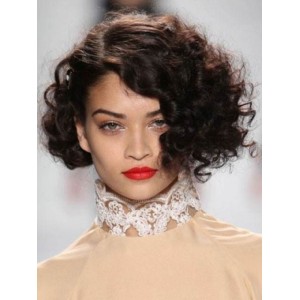 Medium Bob Style Wavy Capless Human Hair Wigs With Side Bangs