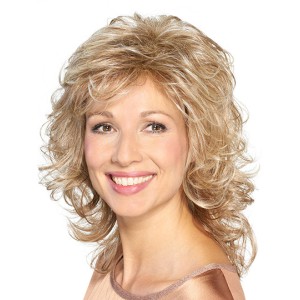 14" Shoulder Length Capless Platinum Blonde Curly Synthetic Medium Length Wigs